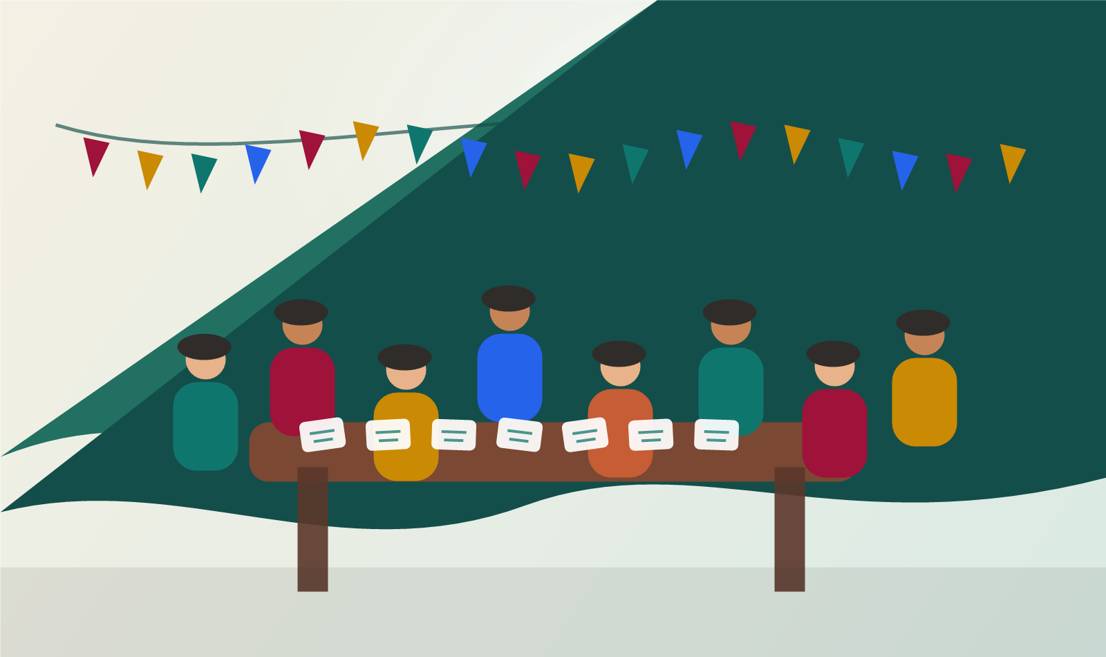 Illustration d'une grande table familiale pendant la cousinade